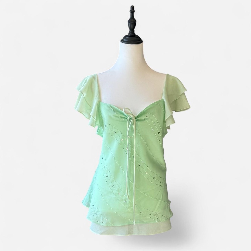 Fabi Ella Y2K Green Sequin Flutter Sleeve Blouse 2XL Fairy Grunge Coquette Top